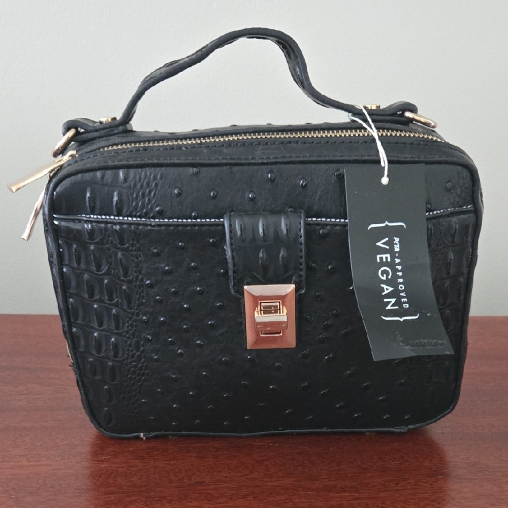 Vegan Black Faux-Ostrich Structured Top-Handle Bag